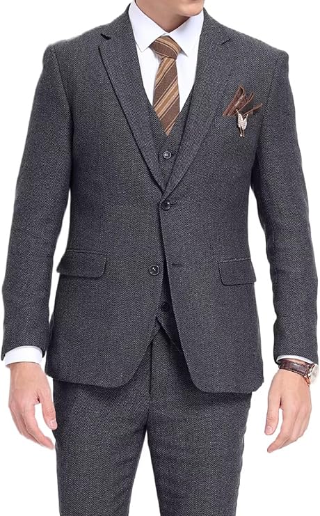 3 Piece Herringbone Tweed Suit Men's Wool Tuxedos Retro Set Prom Winter Jacket Blazer Vest Pants