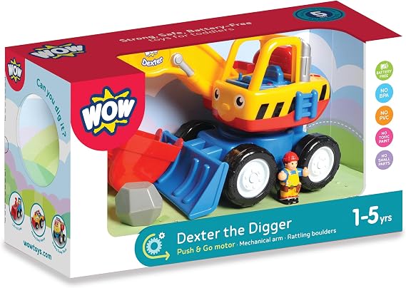 WOW Toys Dexter The Digger Friction Powered Excavator Truck with Driver Figure & Moving Scoop | No Batteries, Durable Toddler Construction Toy for Ages 15