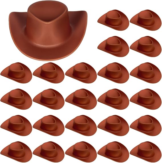 24 PCS Mini Cowboy Hat, Plastic Miniature Western Cowgirl Hat for Party Accessories, Cute Doll Hat Party Dress Hat for Dollhouse Birthday Decoration (Brown)