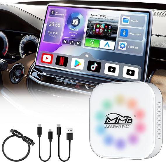 MMB Magic AI Box 3.0 Wireless CarPlay & Android Auto Adapter, Android 12 os, 4GB+32GB Multimedia Video Box Online YouTube/Netflix/Play Store/HDMI Out for OEM Wired Apple CarPlay Cars