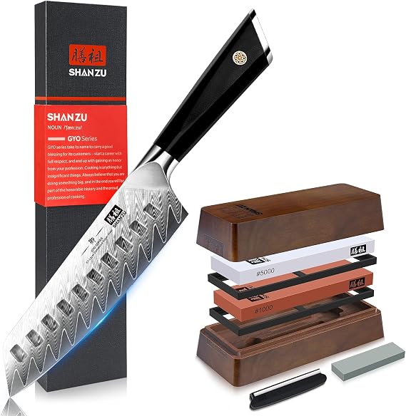 SHAN ZU Damascus Chef Knife 7 Inch & Knife Sharpener Whetstone Knife with Storage Box Sharpening Stone 2 Pieces Utility Knife Japanese Steel Kitchen Petty Knife