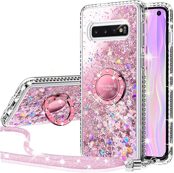 Silverback for Samsung Galaxy S10 Case, Moving Liquid Holographic Glitter Case with Ring Stand, Girls Women Bling Diamond Slim Protective Case for Galaxy S10 - Pink