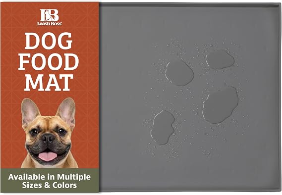 Leash Boss Waterproof Silicone Pet Feeding Mat - Raised-Edge Spill Containment Dog Placemat - Non-Slip Dishwasher-Safe Pet Food Mat for Bowls - 20 x 13 in, Gray