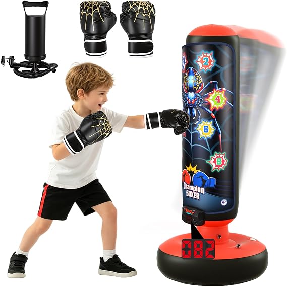 Electronic Boxing Bag Set, Interactive Punching Toy with Gloves, LED Lights, Music & 4 Game Modes, Auto Scoring Boxing Kit for Boys Girls Ages 3-12, Thick PVC Freestanding Punching Bag