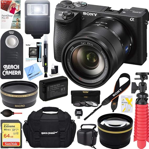 Sony ILCE-6500 a6500 4K Mirrorless Camera with 16-70mm Mid-Range Zoom Lens + 64GB SDXC Memory Card + 0.43x Wide Angle + 2.2x Telephoto Lens Converter + Carrying Case + Memory Card Reader + Tripod+More