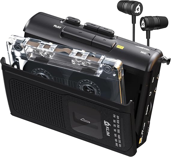 KLIM K8 Portable Cassette Tape Player with F1 Headphones - Cassette Recorder - New Version - AM/FM Walkman - Built-in Mic & Speaker - Headphone Jack & Earphone - Black