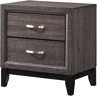 Contemporary 2-Drawer Nightstand End Table Gray Brown Finish Two Storage Drawers Metal Handles Bedroom Living Room Wooden Furniture