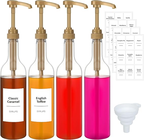 Bokon Coffee Syrup Dispenser 25.4 oz 750 ml Drinking Syrup Pump Bottles with Comprehensive Label Set and Funnel for Coffee Bar Accessories Essentials(Gold,4 Pcs)