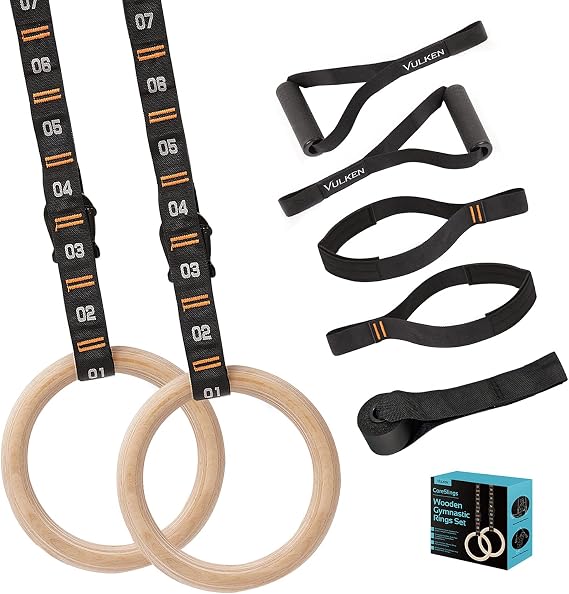 Vulken Wooden Gymnastic Rings with Adjustable Numbered Straps. 1.1'' Olympic Rings for Core Workout and Bodyweight Training. Home Gym Rings 1600lbs with Workout Handles
