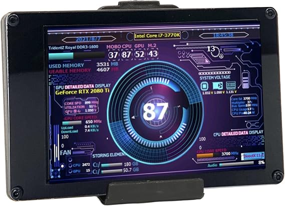 PC CPU HDD Data Monitor, 3.5in Computer Temperature Display with Holder, Live Readouts GPU Internet Speed Weather Visual Theme Editor, USB Computer Temp Monitor for RasPi, for