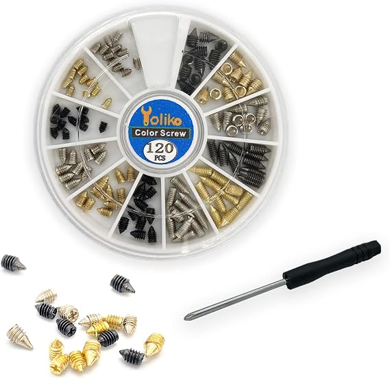 120 Pcs Nickel Plated Tip Screws Pointed Cross Slot Leather Accessories 3 Colors 4 Sizes Belt Screws Include M2x3,M2.5x4,M2.5x6,M3x5 with 2mm Screwdriver for Belt Buckle Wallet Handbag Purse