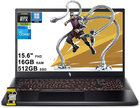 Acer Nitro V 15 Gaming Laptop 15.6" FHD IPS 165Hz Intel 8-core i5-13420H 16GB RAM 512GB SSD GeForce RTX 5050 DLSS4 (Up to 440 AI Tops) Backlit Thunderbolt Wi-Fi6 Win11Pro ICP Hub