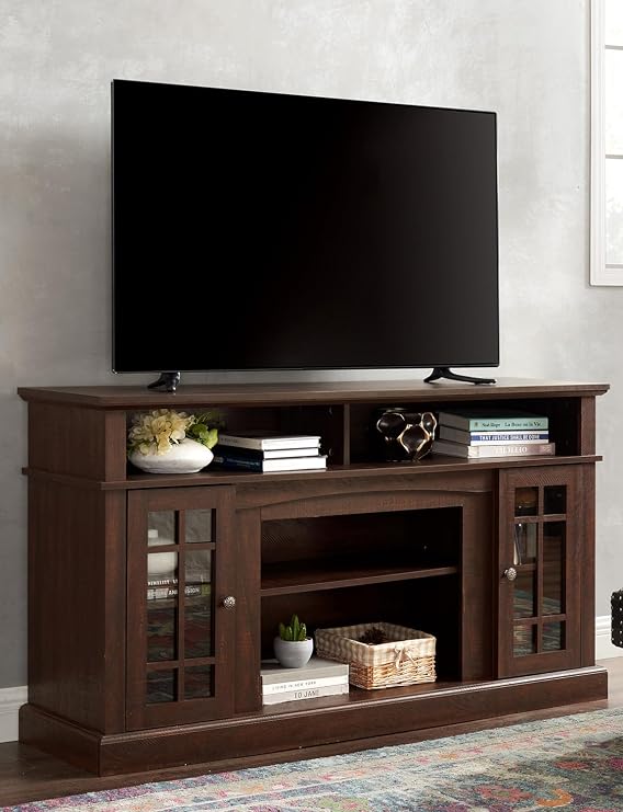Farmhouse TV Stand Cabinet: Brown Rustic Wood Entertainment Center | with Glass Doors , Tall TV Console with Adjustable Shelves and Storage Cabinet for Living Room