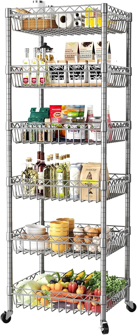 SINGAYE 6 Tier Shelf Wire Shelving Adjustable Storage Shelves Basket Rack | Adjustable Shelves with Wheels Metal Storage Unit Closet Bathroom Organizers Pantry Kitchen Garage Laundry Room Gray