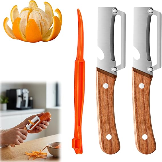 CYCFMYYLY 3 Pcs Multifunctional Vegetable Peeler, Efficient Orange Peeler, Wooden Handle and Bottle Opener, Stainless Steel, Contour-Flow for Kitchen Prep, Camping