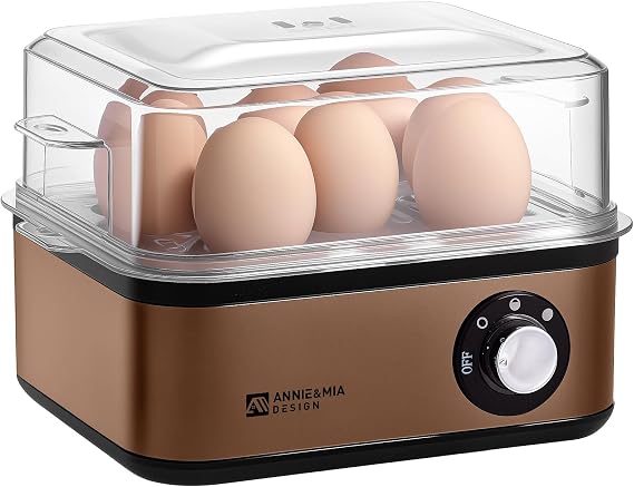Annie & Mia Design Stainless Steel Electric Rapid Egg Cooker, 8 Egg Capacity 500W, Soft/Medium/Hard Boiled Egg Boiler Poacher Steamer Omelet Maker, Knob Auto Shut-Off, with Recipe Guide Book (Gold)