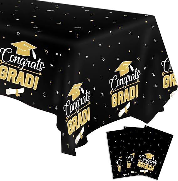 SANBADA 3 Pieces Graduation Tablecloth, 2026 Graduation Party Decorations, Large Size Plastic Tablecloth 108 x 54 (Black and Gold)