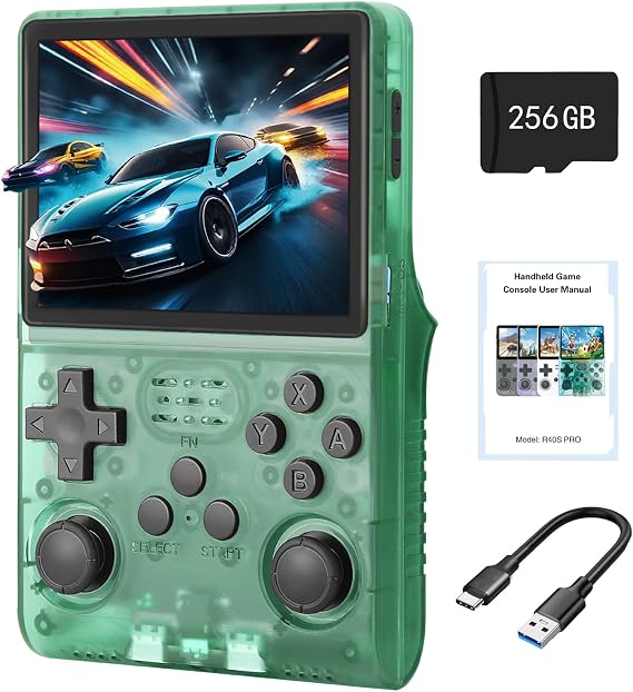 R40S Retro Game Console - 3.5 Inch IPS Screen, 256G Extra Large Memory, Portable Pocket Video Player, Linux System, Travel Essentials, Perfect for Halloween (Transparent Green 256G)