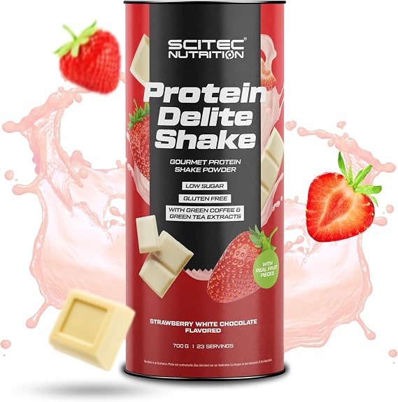 Scitec Nutrition Protein Delite Shake Flavored protein drink powder with freeze-dried strawberry, L-carnitine, Green coffee extract, Green tea extract, 700 g, Strawberry-White chocolate