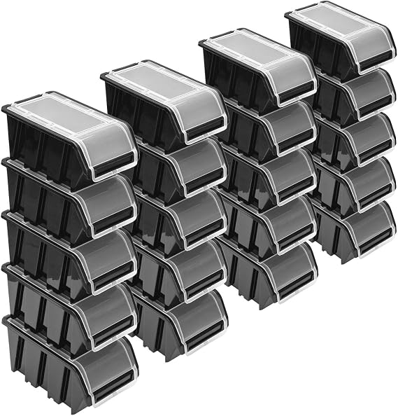 Stacking Boxes Set - 20 x Stacking Boxes with Lids 195 x 120 x 90 mm - Display Box Stacking Box Storage Box Black