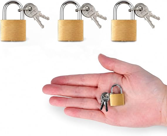Pack of 3 20mm Solid Brass Padlocks with 6 Keys - Small Locker, Solid Brass Body, Mini Luggage, Tool Box, Jewellery Box and Cupboard Padlocks