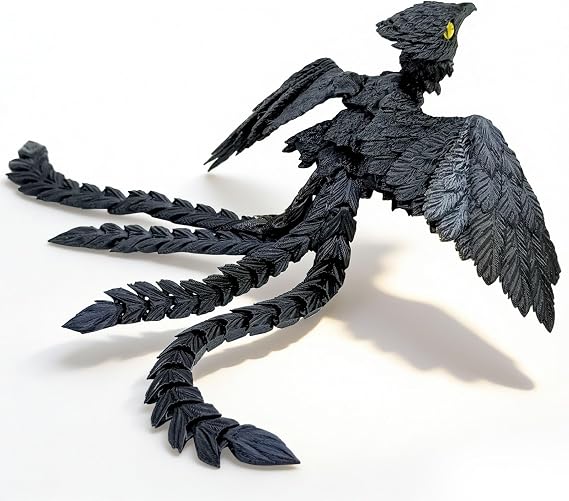 9.25 INCH 3D Printed Phoenix Bird Toy - Articulated Wings & Tail, Poseable Desk Pet Decor, Multicolor Flexible 3D Printed Animals Toys with Random Eye Colors (Black)