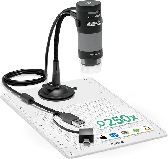 Plugable USB Digital Microscope 250x, 2MP Micro Camera, Flexible Arm Stand