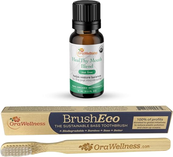 OraWellness Nut Free Healthy Mouth Blend Tooth Oil + BrushEco Bamboo Toothbrush with 4 Rows