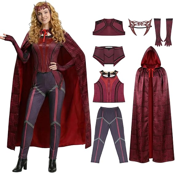 7PCS Scarlet Witch Cosplay Costume Women Wanda Red Outfits Halloween