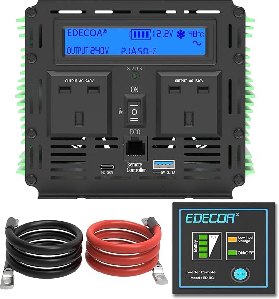 EDECOA Pure Sine Wave Power Inverters 12V to 240V 1500W Car Inverter 3000W Peak Solar Inverters with New LCD, Remote Controller, LED Indicator,USB Port and USB-C