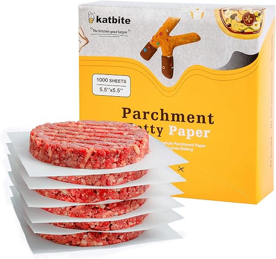 Katbite 1000 Pcs Burger Patty Paper Squares, 5.5x5.5 Inch, Non-Stick | Heavy duty greaseproof squares, ideal for separating patties, burger presses, grilling, freezing and candy wrapping