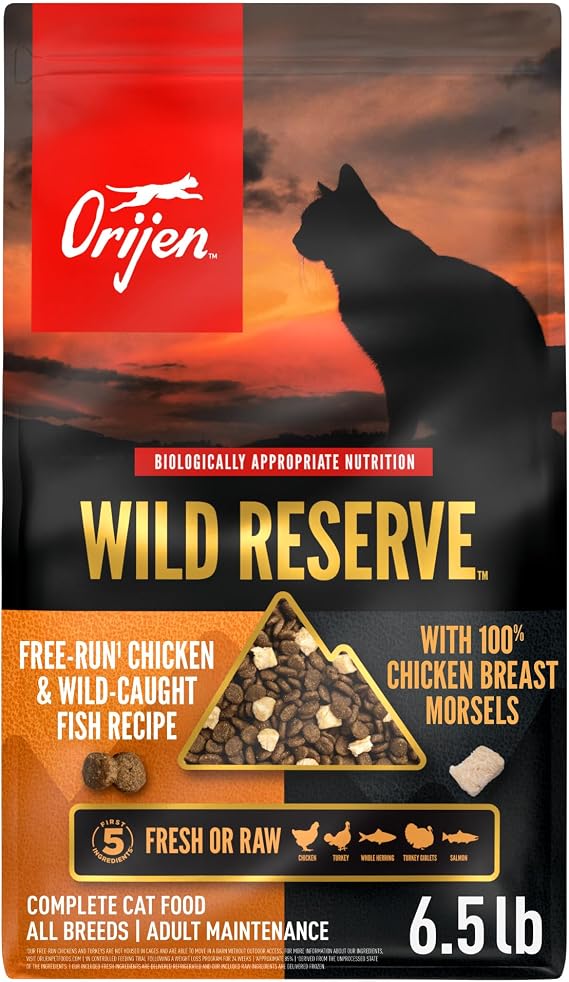 ORIJEN Wild Reserve Dry Cat Food Free-Run Chicken & Wild-Caught 6.5lb Bag | WHOLEPREY Ingredients, Freeze Dried, Fresh or Raw Ingredients, High Protein, Made in the USA, Skin & Coat, Digestive Health