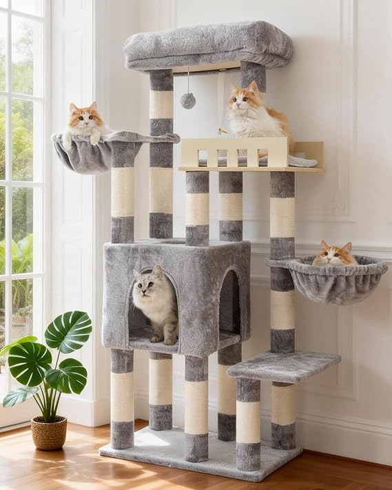 Gitelsnour Cat Tree for Indoor Cats Large Adult, Heavy Duty Cat Tree for Large Cats 20 lbs+, Cat Condo with Big Wooden Perch, Cat Tower with 14 Scratching Posts, Hammock, Light Gray GCT023W