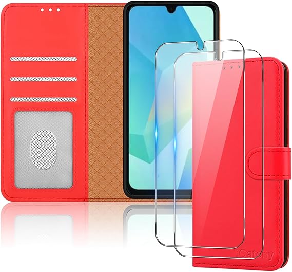 iCatchy for Samsung Galaxy A16 Case with 2 HD Screen Protector Tempered Glass Leather Wallet Book Stand View Magnetic Protect RFID Blocking Shockproof Phone Cover for Samsung A16 (Red)