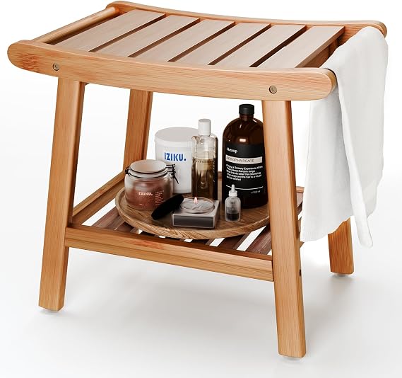 Bamboo Shower Stool, 2-Tier Bath Stool Shower Seat with Storage Shelf and Non-Slip Feet, Corner Bath Bathroom stool with Starage Shelf for Inside Small Shower Spaces