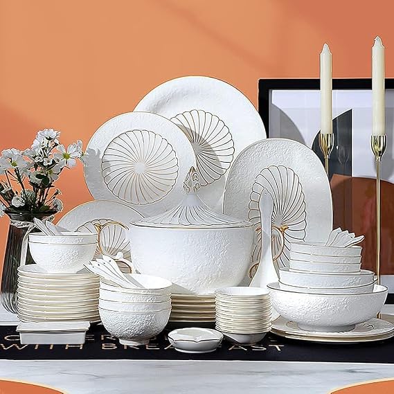 Luxury Bone China Dinnerware Set, China Plate and Bowl Sets, Phnom Penh Embossed+ Floral Print Porcelain, High-End Gift Box