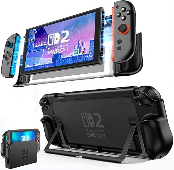 FIWWAT Dockable Protective Case for Nintendo Switch 2, TPU Ergonomic Grip Cover with Foldable JoyCon Holder Design, Slim Shockproof Hard Shell fit for Switch 2 Console & Kickstand - Matte Black