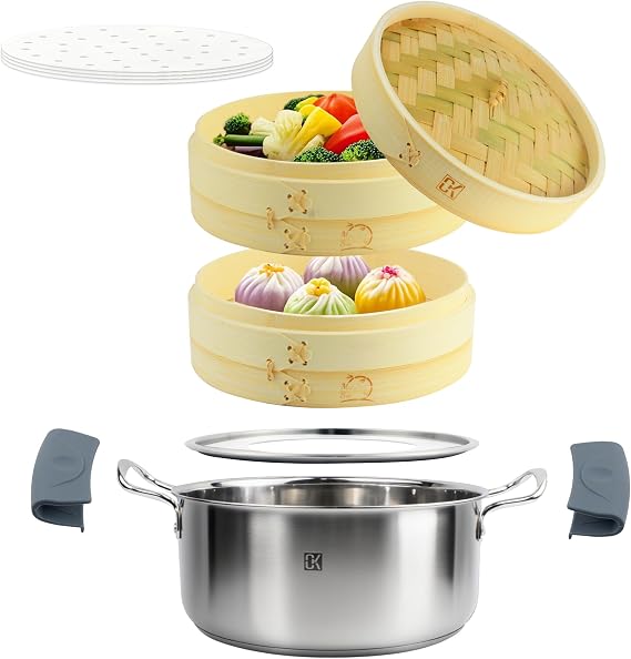 2 Tier Bamboo Steamer 8.3 inches,CORKAS Dedicated Steamer Set with Ring Adapter, 304 Stainless Steel Pot, 50 Sheets Papers, Steaming Asian Food & Vegetables, Bun, Dim Sum