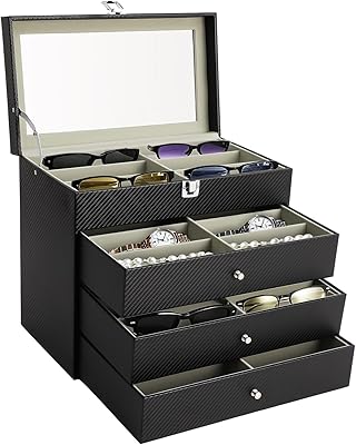 Sunglasses Organizer with Glass Lid 24 Slot Eyeglass Sunglass Storage, Box for Women Men 4 Layer Multiple Eyewear Display Case Eyeglasses Jewelry Collection Holder with Drawer, Large, Black