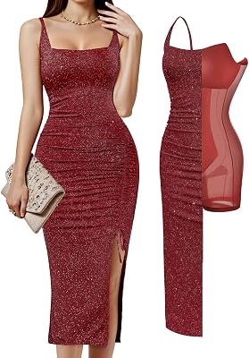 Popilush Shapewear Midi Dress Womens Sparkly Formal Wedding Guest Cocktail Dresses Fall Square Neck Ruched Dress Side Slit