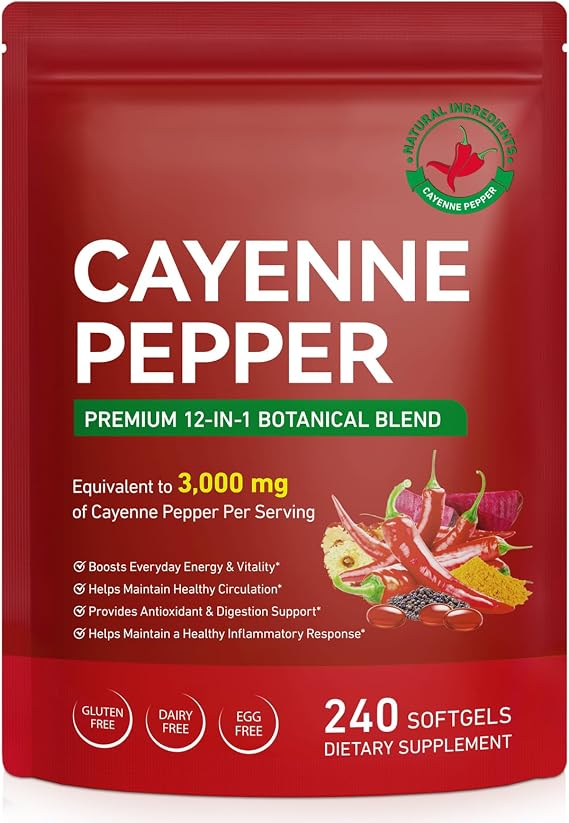 Cayenne Pepper Softgels Supplement,240 Softgels,12-in-1 3000mg per Serving with Vitamins D3, K2 & E |Supports Leg Vein, Digestion Support, Immune System,Boosts Everyday Energy & Vitality