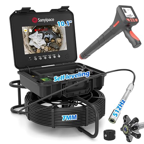 Sanyipace 7MM Sewer Camera with Locator, Self-Leveling Drain Snake Camera | 512Hz Pipe Locator, 328FT/100M Harder Cable Sewer Inspection Camera, 32GB Card, 1080P Waterproof Plumbing Camera with Light