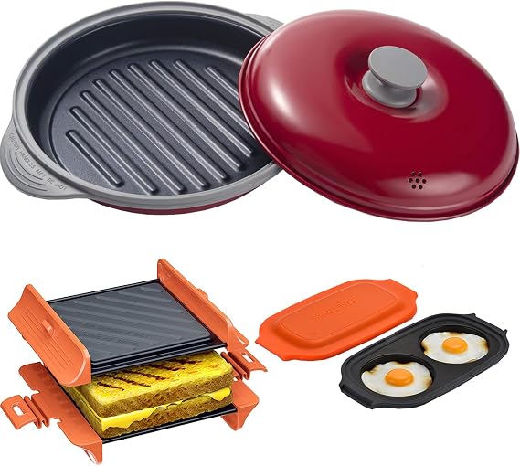 MACONEE 3-in-1 Microwave Cooking Set: Grill Pan, Egg Fryer, and Sandwich Maker - Versatile Cookware for All Your Microwave Meals