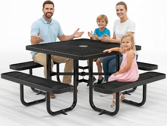 Commercial Metal Picnic Table (Black, 46in Square, Expanded Steel) | ADA Compliant Convertible, Heavy-Duty, Adjustable Seats, Umbrella Hole, Thermoplastic Coated, Weather Resistant