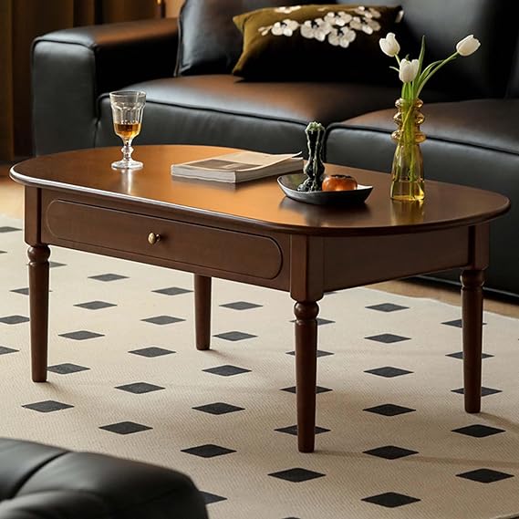 YESWOOD Solid Wood Coffee Table with Drawer, Retro Coffee Table with Vintage Detailings, Large Rectangular Living Room Table,100% Solid Wood Coffee Tables for Home Office (Poplar, Walnut Finish)