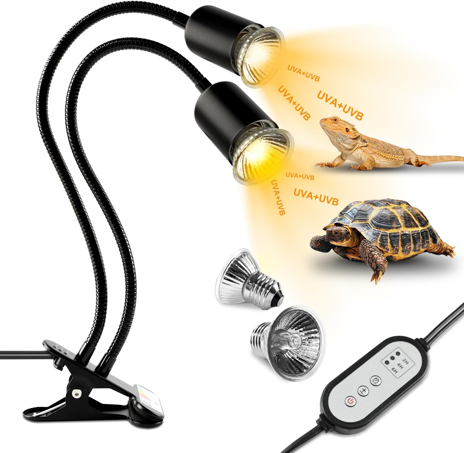 Double End Turtle Heat Lamp 25 W + 50 W Reptile Heating Lamp E27 UVA + UVB Terrarium Heat Spot Lamp with 2 Basking Spot Bulbs for Lizard Tortoise Snake Chameleon etc. (Black)
