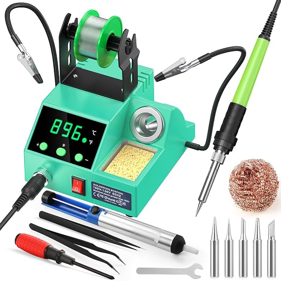 Soldering Station, 100W Digital Display Soldering Iron Station Kit with 2 Helping Hands, 356F - 896F, Auto Sleep, C/F Conversion, Solder Wire, Tips, Stand, Pump, Tweezers, Tip Cleaner, Cyan