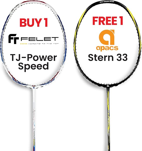 FELET TJ Power-Speed (White Blue) Badminton Racket Free Stern 33 (Black Yellow) Badminton Racket - Buy 1 Free 1, Total 2 Rackets