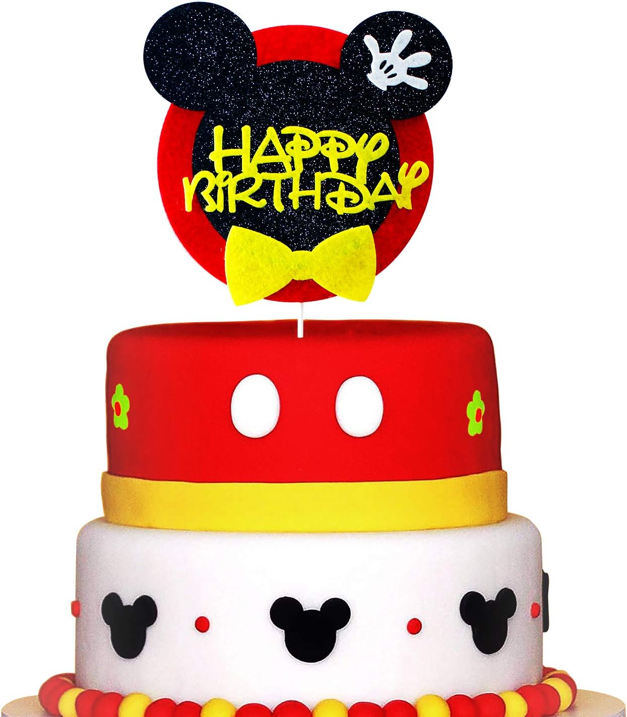 Mickey Inspired Glitter Happy Birthday Cake Topper, Handmade Double Sided Cake Topper Mickey Themed all age Baby Shower Birthday Decoration Supplies