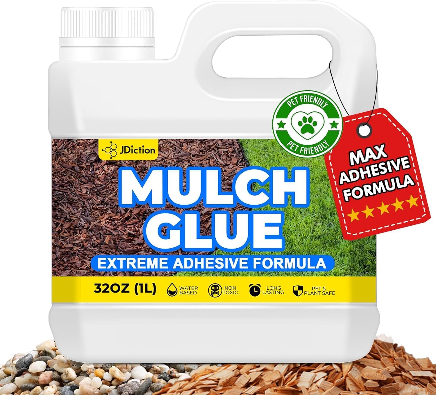 JDiction Mulch Glue for Landscaping – 32OZ Gravel Binder Glue for Rubber Mulch, Gravel, Pebbles, Mulch Adhesive, Concentrated Landscape Rock Glue for Garden, Non-Toxic, Fast Drying, Lasts up to 2 Year